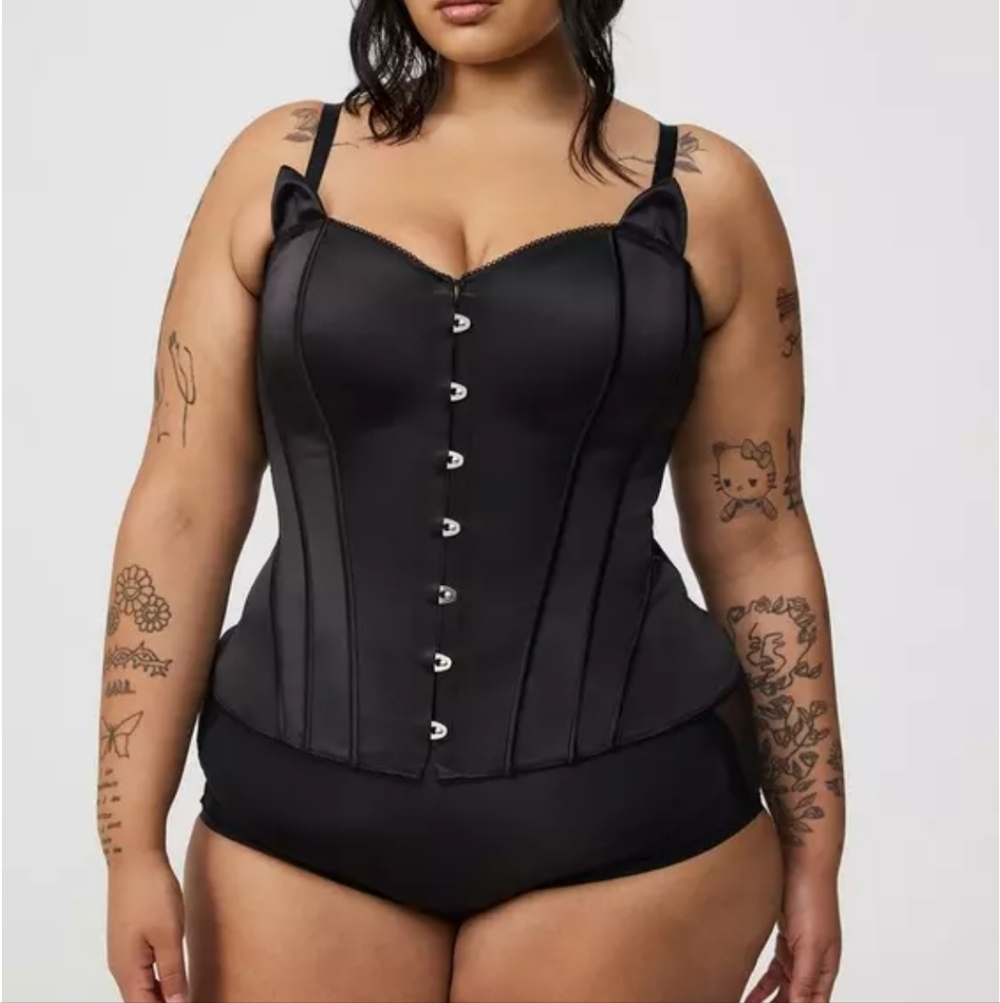 Torrid Black Satin Longline Corset Tank with Hook-Front